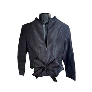 Oscar De La Renta Black Silk Organza Jacket 12 Bow Half Zip Formal Zip Sleeves